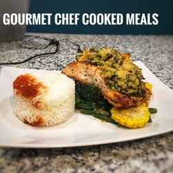 The Tastee Spoon - Spinach, shrimp and cheese stuffed wild caught salmon. White jasmine rice with smoke paprika. On a bed of mixed vegetables.