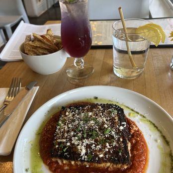 Veg Cafe - Taro chips, veg lasagna with vegetarian bolognese sauce. Beverage was a "Blue Butterfly Iced spritzer". - Vegan Near Me - Sacramento, California Veg Cafe - Taro chips, veg lasagna with vegetarian bolognese sauce. Beverage was a "Blue Butterfly Iced spritzer". - Vegan Near Me - Sacramento, California