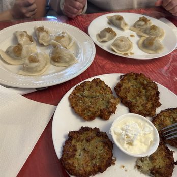 The Dinner House - Ruskie (potato & cheese) pierogi, Sauerkraut & Mushroom pierogi and Potato Pancakes. - Modern European Near Me - Philadelphia, Pennsylvania The Dinner House - Ruskie (potato & cheese) pierogi, Sauerkraut & Mushroom pierogi and Potato Pancakes. - Modern European Near Me - Philadelphia, Pennsylvania