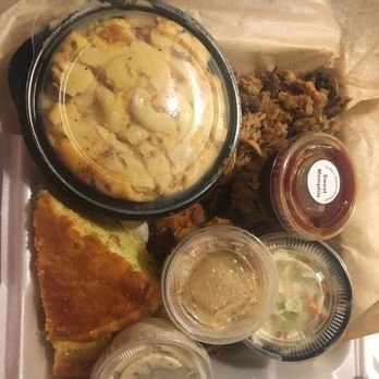 The Fishin' Pig - Pork & Catfish  Mac and cheese and their jalapeño cornbread and slaw - Barbeque Near Me - Farmville, Virginia