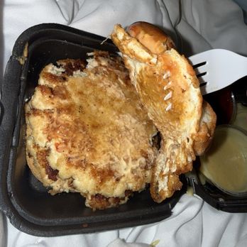 Burger 21 - Ballantyne - The burger. You can see the patty is crumbed. I only took a bite from the other side before I realized something was off and called. - Burgers Near Me - Charlotte, North Carolina