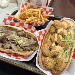 Tastee Hut - Shrimp Po Boy & Roast beef with mushrooms and a Truffle garlic aioli, regular fry
