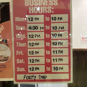 Feasty crab - Operating hours January 2026 - Seafood Near Me - Derwood, Maryland
