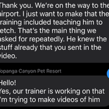 Topanga Dog Resort - One of the multiple messages (on top of phone call discussions) around getting our dog training to learn fetch...yet they never did it. - Pet Training Near Me - Topanga, California Topanga Dog Resort - One of the multiple messages (on top of phone call discussions) around getting our dog training to learn fetch...yet they never did it. - Pet Training Near Me - Topanga, California