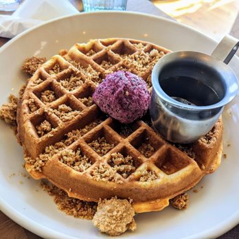 Folk - House Waffle - almond flour waffle, blueberry & citrus butter, toasted oat streusel, Michigan maple syrup - Cafes Near Me - Detroit, Michigan