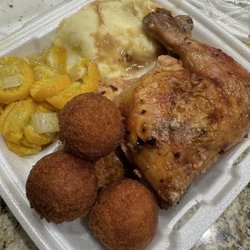 Home Plate Restaurant - So much food! Hushpuppies, BBQ Chicken w/ Mashed Potatoes and Squash & Onions  - March 2026