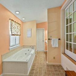 Gruene River Guest House - Master bathroom in the farm house comes with a jetted tub and shower.