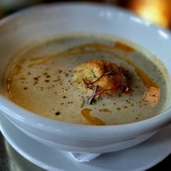 Brasserie Du Monde - Pour Commencer: Potage Épais De Topinambour et Champignons (Pureé of Roasted Sunchoke & Mushroom, Shallots, Cream, Ham & Gruyère Gougère)