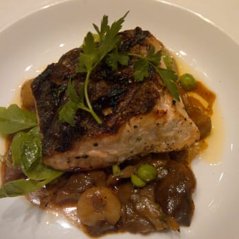 Mooo.... Beacon Hill - Grilled Salmon Filet w/ exotic mushroom broth, english peas, roasted potatoes - Steakhouses Near Me - Boston, Massachusetts
