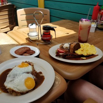Aloha Mixed Plate - Fried rice moco, side of spam, strawberry smoothie, and Panolo. - Hawaiian Near Me - Lahaina, Hawaii Aloha Mixed Plate - Fried rice moco, side of spam, strawberry smoothie, and Panolo. - Hawaiian Near Me - Lahaina, Hawaii
