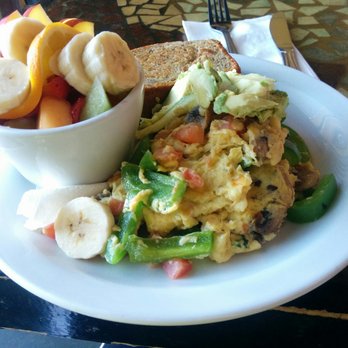 Crossroads Cafe - Two egg omelette with veggies, with banana bread and fruits on the side - Cafes Near Me - Joshua Tree, California