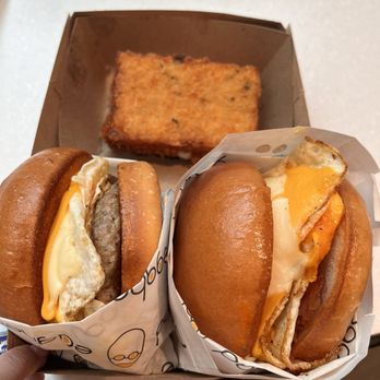 Egghead - Cheesy hash brown(top), sausage egg and cheese (left) bacon egg and cheese (right) - Breakfast & Brunch Near Me - Las Vegas, Nevada