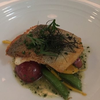 Au Courant - Trout with potatoes, snap peas, and carrots. Very good! - Modern European Near Me - Omaha, Nebraska