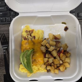 Mo's Egg House - Bacon onions, omelet site of home fries. There was supposed to be no avocado. - Breakfast & Brunch Near Me - Temecula, California Mo's Egg House - Bacon onions, omelet site of home fries. There was supposed to be no avocado. - Breakfast & Brunch Near Me - Temecula, California