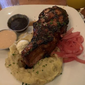 Madrones - Double - Cut Mongolian Pork Chop mashed potatoes and pickled onions - Steakhouses Near Me - Frederick, Maryland
