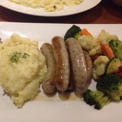 Brotzeit German Bier Bar & Restaurant - Nurnberger- grilled pork sausage with mashed potatoes and steamed vegetables instead of sauerkraut