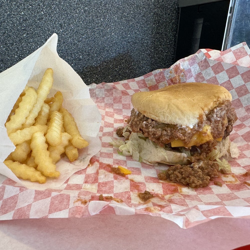 The Hill - Junior cheeseburger topped with chili & a side of crinkle cut fries - Fast Food Near Me - Bellville, Texas