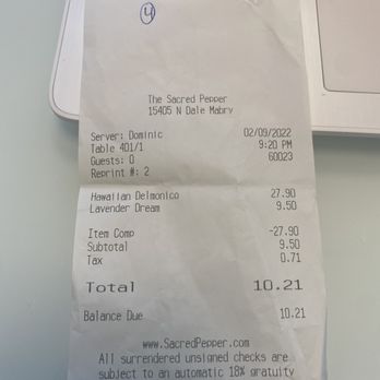 The Sacred Pepper - Receipt - New American Near Me - Tampa, Florida The Sacred Pepper - Receipt - New American Near Me - Tampa, Florida