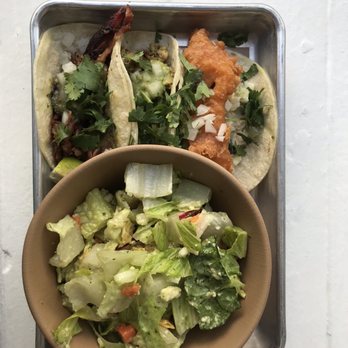 Bartaco - Lunch tray - fish taco, chicken taco, and pork taco with chopped salad ($11) - Mexican Near Me - Tampa, Florida Bartaco - Lunch tray - fish taco, chicken taco, and pork taco with chopped salad ($11) - Mexican Near Me - Tampa, Florida