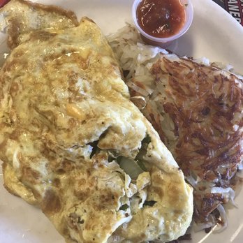 Silver Dollar Pancake House - Country Omelet with added onions and green peppers with hash browns. Their homemade salsa was the bomb! - Breakfast & Brunch Near Me - Corona, California