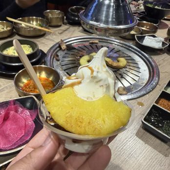 88Q Korean BBQ - Vanilla ice cream with their cinnamon sugar pineapple - Korean Near Me - Rowland Heights, California
