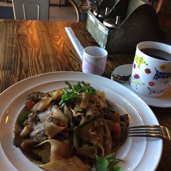 Tho One Thai Eatery - Drunken noodles with beef and Cup of Hot Coffee - Thai Near Me - La Verne, California Tho One Thai Eatery - Drunken noodles with beef and Cup of Hot Coffee - Thai Near Me - La Verne, California