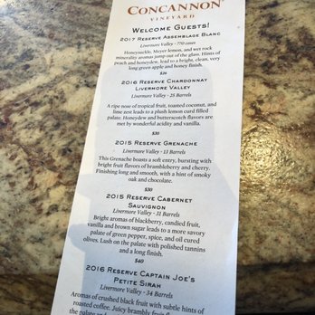 Concannon Vineyard - Tasting menu as of 6/9/19 - Wine Tasting Room Near Me - Livermore, California
