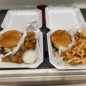 Ty's Diner - 2 Double cheese burgers, 1 with a 1/2 order of fries and the other with fried mushrooms! - Burgers Near Me - Wichita, Kansas