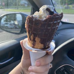 Cookie dough ice cream in a chocolate dipped waffle cone!