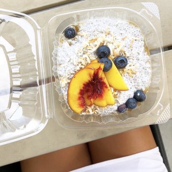 Spoonfed Kitchen & Bake Shop - Coconut Chia Pudding topped with peaches and blueberries - Breakfast & Brunch Near Me - Wilmington, North Carolina