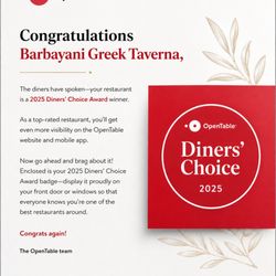 Barbayani Taverna - 2025 Diner's Choice Award winner
