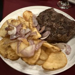 Majestic Theater - Perfectly prepared ribeye with German fries.