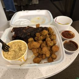 Ribs, fried okra and Mac and cheese. Ribs, fried okra and Mac and cheese.