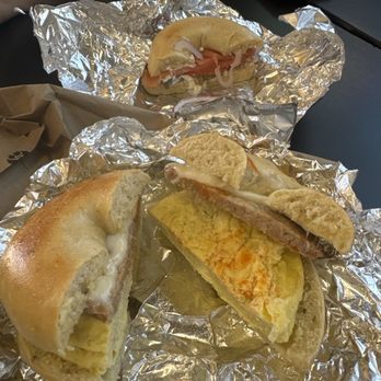 West Coast Bagel - Sausage, egg and provolone cheese bagel - Bagels Near Me - Chino, California West Coast Bagel - Sausage, egg and provolone cheese bagel - Bagels Near Me - Chino, California