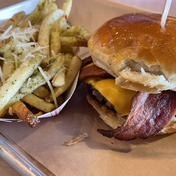 The Melt - Bar BBQ Bacon Meltburger with Garlic Parmesan Fries - Sandwiches Near Me - La Jolla, California The Melt - Bar BBQ Bacon Meltburger with Garlic Parmesan Fries - Sandwiches Near Me - La Jolla, California