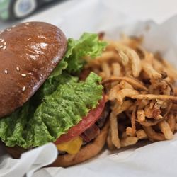 The Burger Place - Bacon cheeseburger with lettuce, tomatoes, grilled onions and BBQ