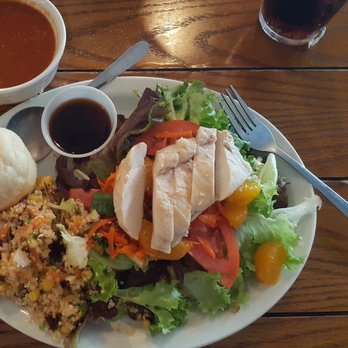 Simple Table by Hitomi - Asian Salad with Grilled Chicken. Side of Delicious Tomato Soup and Quinoa Corn Salad - Japanese Near Me - Fort Madison, Iowa Simple Table by Hitomi - Asian Salad with Grilled Chicken. Side of Delicious Tomato Soup and Quinoa Corn Salad - Japanese Near Me - Fort Madison, Iowa