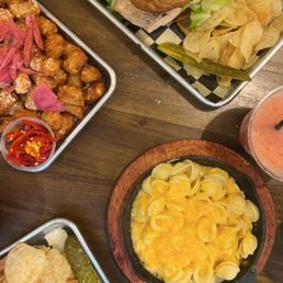Veggie burger, salmon burger, tots and Mac