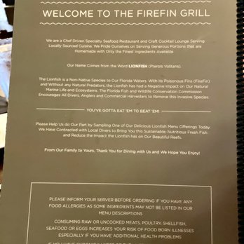 Firefin Grill - The story..inside the menu - Seafood Near Me - Palm Beach Gardens, Florida