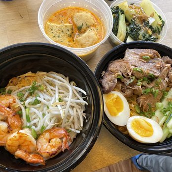 Native Noodles - Shrimp Laksa Noodles (Soup served separately), Satay Peanut Noodles with honey roasted pork, Side of Stir Fried Bok Choy - Singaporean Near Me - New York, New York Native Noodles - Shrimp Laksa Noodles (Soup served separately), Satay Peanut Noodles with honey roasted pork, Side of Stir Fried Bok Choy - Singaporean Near Me - New York, New York