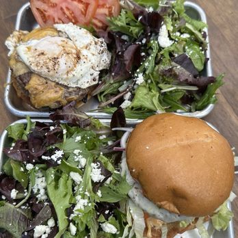 Cafe DeVille - Delicious breakfast burger and pesto provolone burger, both served with fresh salds. - Burgers Near Me - Nipomo, California