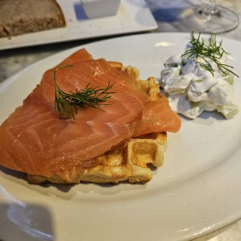 Bistro Elan - Smoked salmon waffle appetizer. Tip - spread the creamy cucumber directly on the waffle before eating, otherwise it's quite dry. - French Near Me - Palo Alto, California