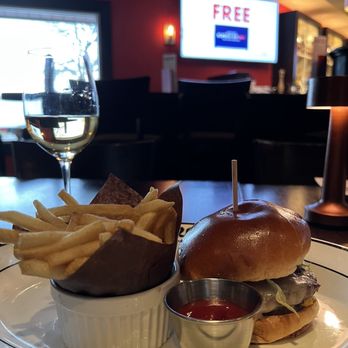 Weber's Restaurant - Double cheese burger with a glass of Pinot Grigio. - Seafood Near Me - Ann Arbor, Michigan