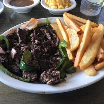 Julie's Place - My wife's order of Hamburger Steak with peppers and onions and an order of steak fries. - Desserts Near Me - Murphy, North Carolina Julie's Place - My wife's order of Hamburger Steak with peppers and onions and an order of steak fries. - Desserts Near Me - Murphy, North Carolina