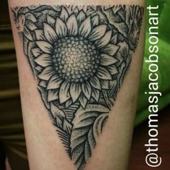Gallery 1010 - Black and grey geometric sunflower in triangle by artist Thomas Jacobson. - Tattoo Near Me - Orlando, Florida Gallery 1010 - Black and grey geometric sunflower in triangle by artist Thomas Jacobson. - Tattoo Near Me - Orlando, Florida