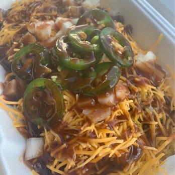 Jay Henry's - A tasty Pig in a Boat. It's tater tots topped with smoked pulled pork, shredded cheddar, onions, jalapeños and BBQ sauce. - Barbeque Near Me - McAlester, Oklahoma Jay Henry's - A tasty Pig in a Boat. It's tater tots topped with smoked pulled pork, shredded cheddar, onions, jalapeños and BBQ sauce. - Barbeque Near Me - McAlester, Oklahoma