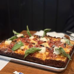 Two Doughs Pizza - THICK Classic Pizza with pepperoni (I think) ...even though we ordered a fungi thick with marinara instead because we like the truffle oil
