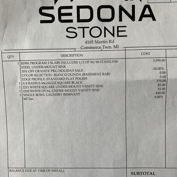 Sedona Stone and Tile - Invoice of service, not enough detail to know there is no backsplash. - Kitchen & Bath Near Me - Commerce Township, Michigan Sedona Stone and Tile - Invoice of service, not enough detail to know there is no backsplash. - Kitchen & Bath Near Me - Commerce Township, Michigan