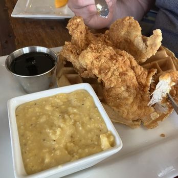 Lunch. Supper! - Chicken and Waffles with Cheesy Grits - New American Near Me - Richmond, Virginia Lunch. Supper! - Chicken and Waffles with Cheesy Grits - New American Near Me - Richmond, Virginia
