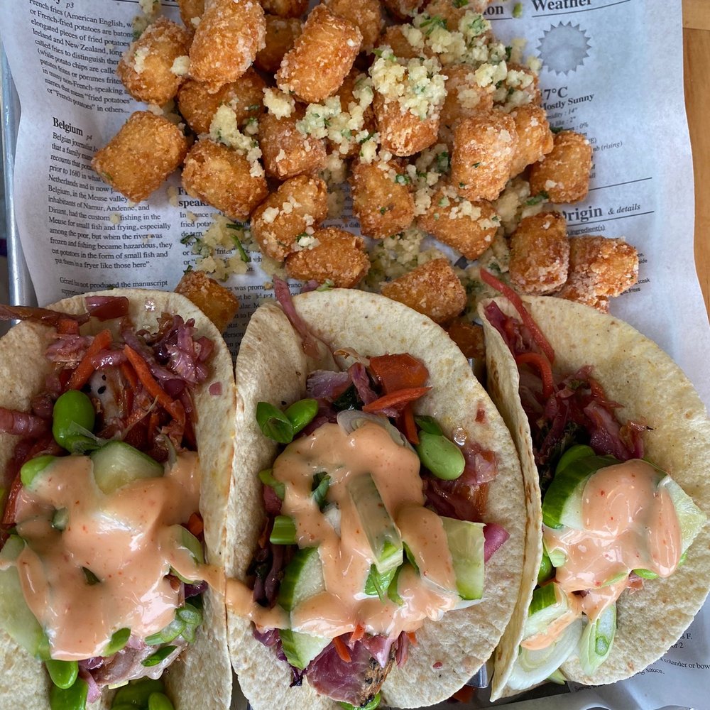 High Rock Cafe - WICKED TUNA TACOS with ahi tuna and garlic tater tots - New American Near Me - Wisconsin Dells, Wisconsin High Rock Cafe - WICKED TUNA TACOS with ahi tuna and garlic tater tots - New American Near Me - Wisconsin Dells, Wisconsin
